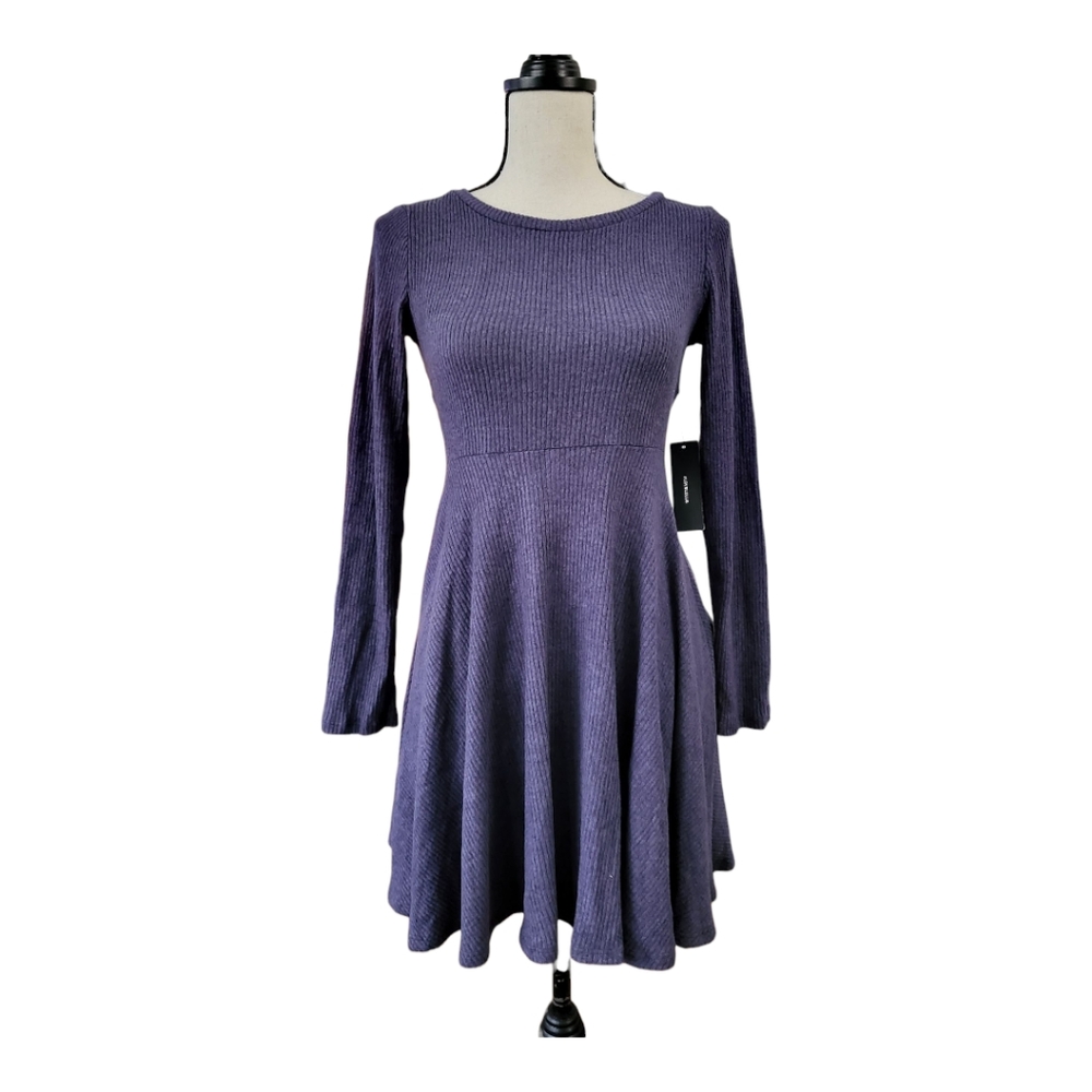 💕Lulus Fit and Fair Blue Ribbed Knit Long Sleeve Skater Dress Size S New